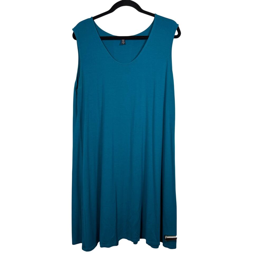 Eileen Fisher Teal Turquoise Jersey Knit V Neck Tank Dress Minimalist Shift L